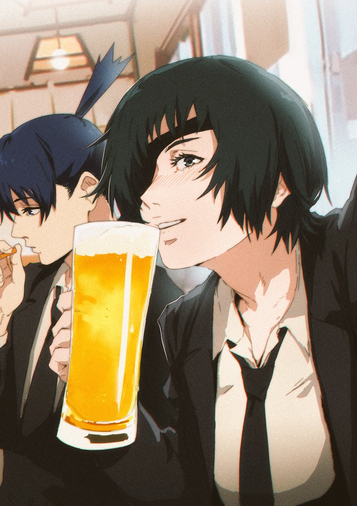 1boy, 1girl, alcohol, argent_moon, beer, black_necktie, black_suit, blue_hair, chainsaw_man, cup, eyepatch, grey_hair, hayakawa_aki, himeno_(chainsaw_man), holding, holding_cup, indoors, necktie, shirt, short_hair, smile, smoking, suit, upper_body, white_shirt