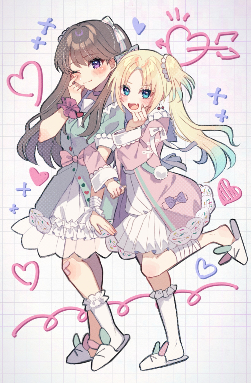 2girls, arrow_through_heart, bandaged_leg, bandages, blonde_hair, blue_eyes, blush, brown_hair