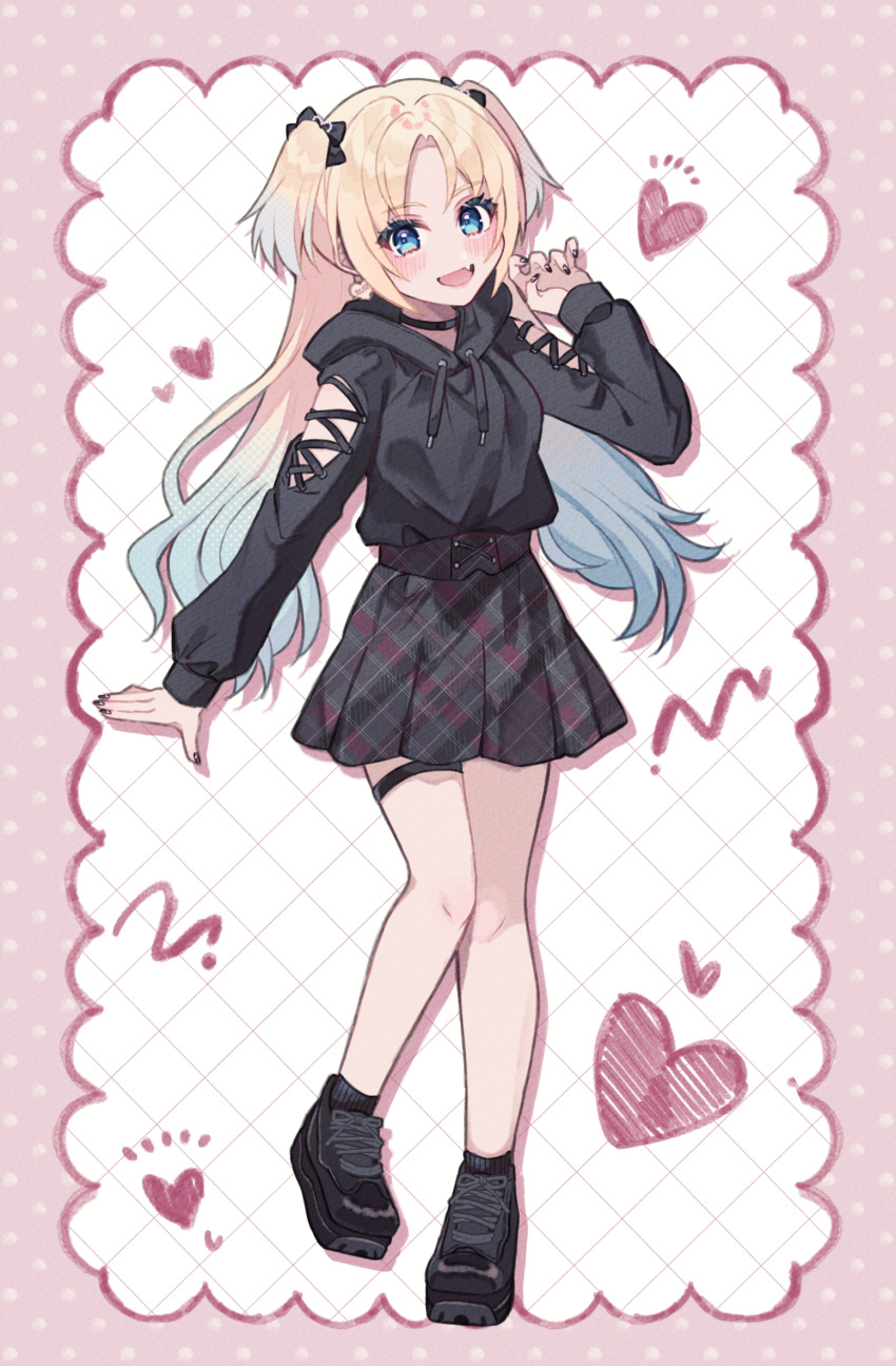 1girl, :d, alternate_costume, arm_cutout, black_bow, black_footwear, black_hoodie, black_nails