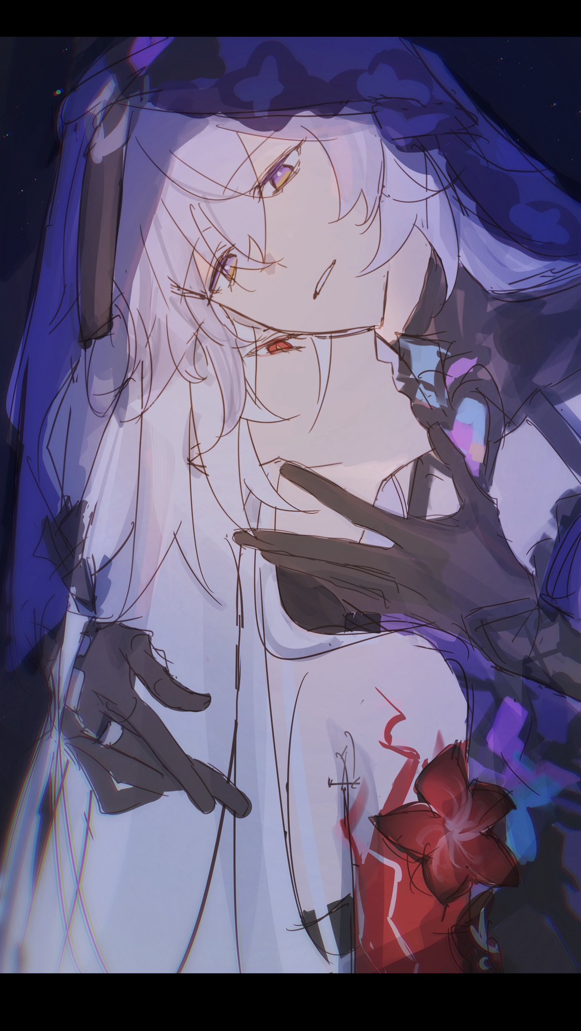 2girls, acheron_(honkai:_star_rail), black_gloves, black_swan_(honkai:_star_rail), body_markings, colored_extremities, dark_background, face-to-face