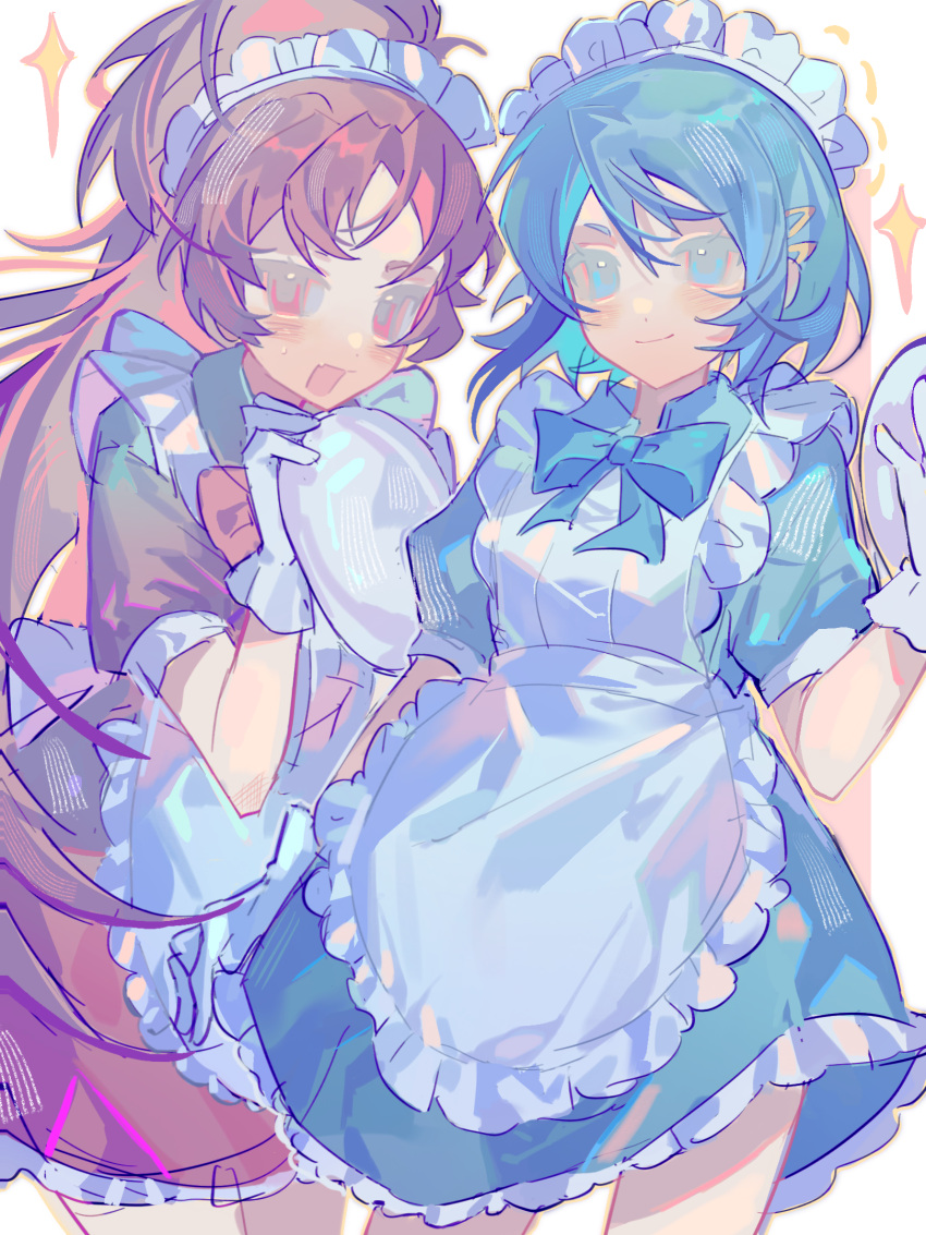 2girls, :d, alternate_costume, apron, blue_bow, blue_bowtie, blue_dress, blue_eyes, blue_hair, bow, bowtie, cowboy_shot, dress, enmaided, frilled_apron, frills, gloves, hair_ornament, hairclip, high_ponytail, highres, holding, holding_plate, long_hair, looking_at_viewer, mahou_shoujo_madoka_magica, mahou_shoujo_madoka_magica_(anime), maid, maid_apron, maid_headdress, maoji_zhaoyong, miki_sayaka, multiple_girls, open_mouth, plate, ponytail, puffy_short_sleeves, puffy_sleeves, red_dress, red_eyes, redhead, sakura_kyoko, short_hair, short_sleeves, simple_background, smile, standing, white_apron, white_background, white_gloves