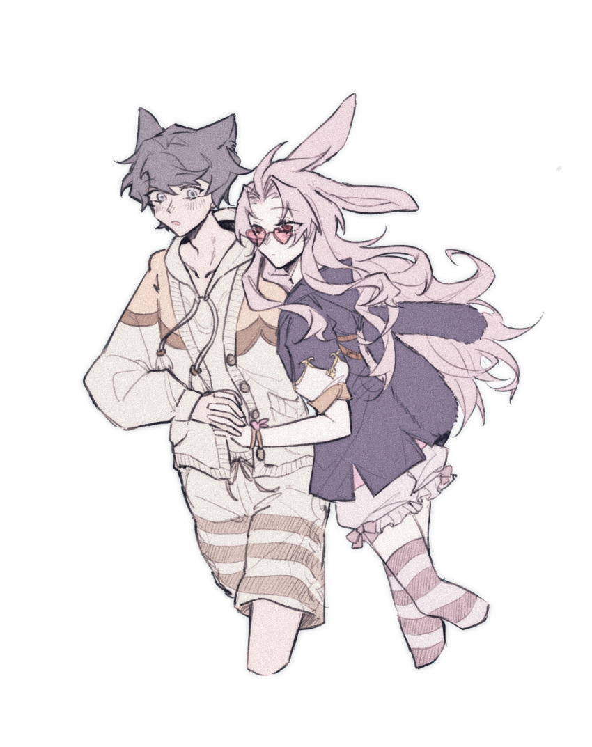 2boys, alternate_costume, animal_ears, black_hair, black_shirt, bracelet, cardigan, cat_boy