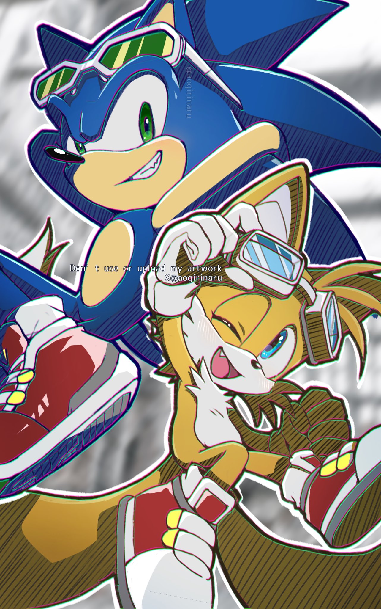 2boys, adjusting_eyewear, animal_ears, arms_behind_head, artist_name, blue_eyes, eyewear_on_head, fang