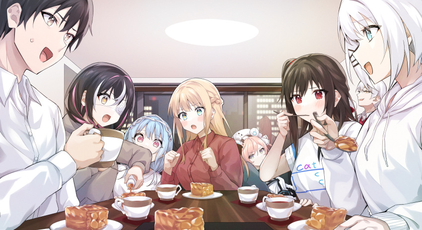 absurdres, black_hair, blonde_hair, blue_eyes, blush, charlotte_arisaka_anderson, embarrassed, great_grail, hair_between_eyes, hair_ornament, hair_ribbon, hairpin, highres, holding, itame_moyashi, long_hair, long_sleeves, mia_whitlock, multiple_girls, natsunagi_nagisa, open_mouth, peeking, ribbon, saikawa_yui, shirt, short_hair, siesta_(tantei_wa_mou_shindeiru), smile, tantei_wa_mou_shindeiru