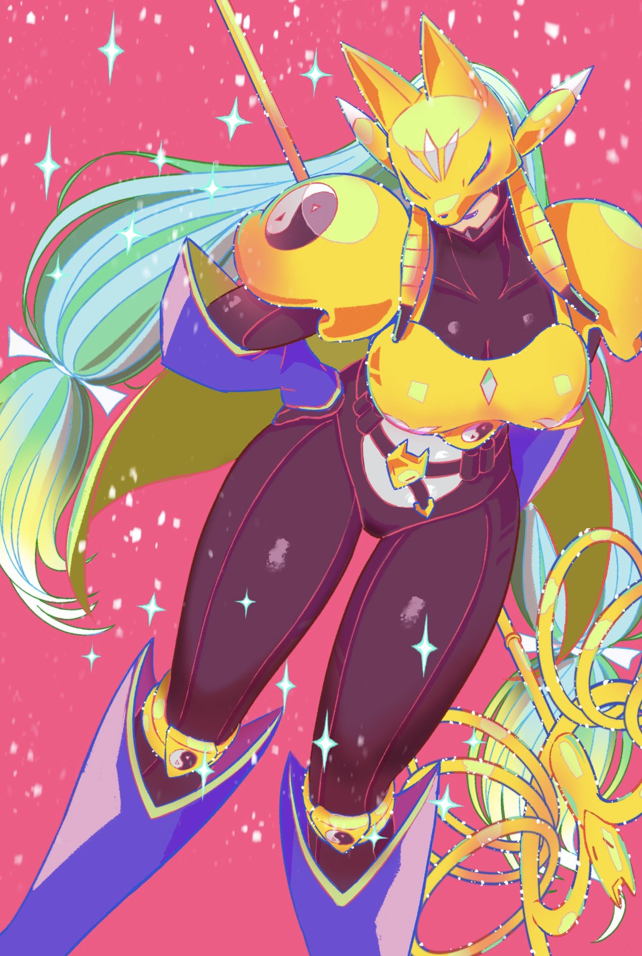 1girl, armor, black_bodysuit, bodysuit, breasts, covered_collarbone, digimon, digimon_(creature)