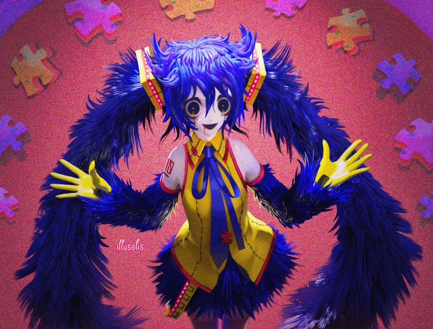 1girl, black_eyes, blue_hair, blue_necktie, blue_ribbon, blue_skirt, blue_sleeves, detached_sleeves