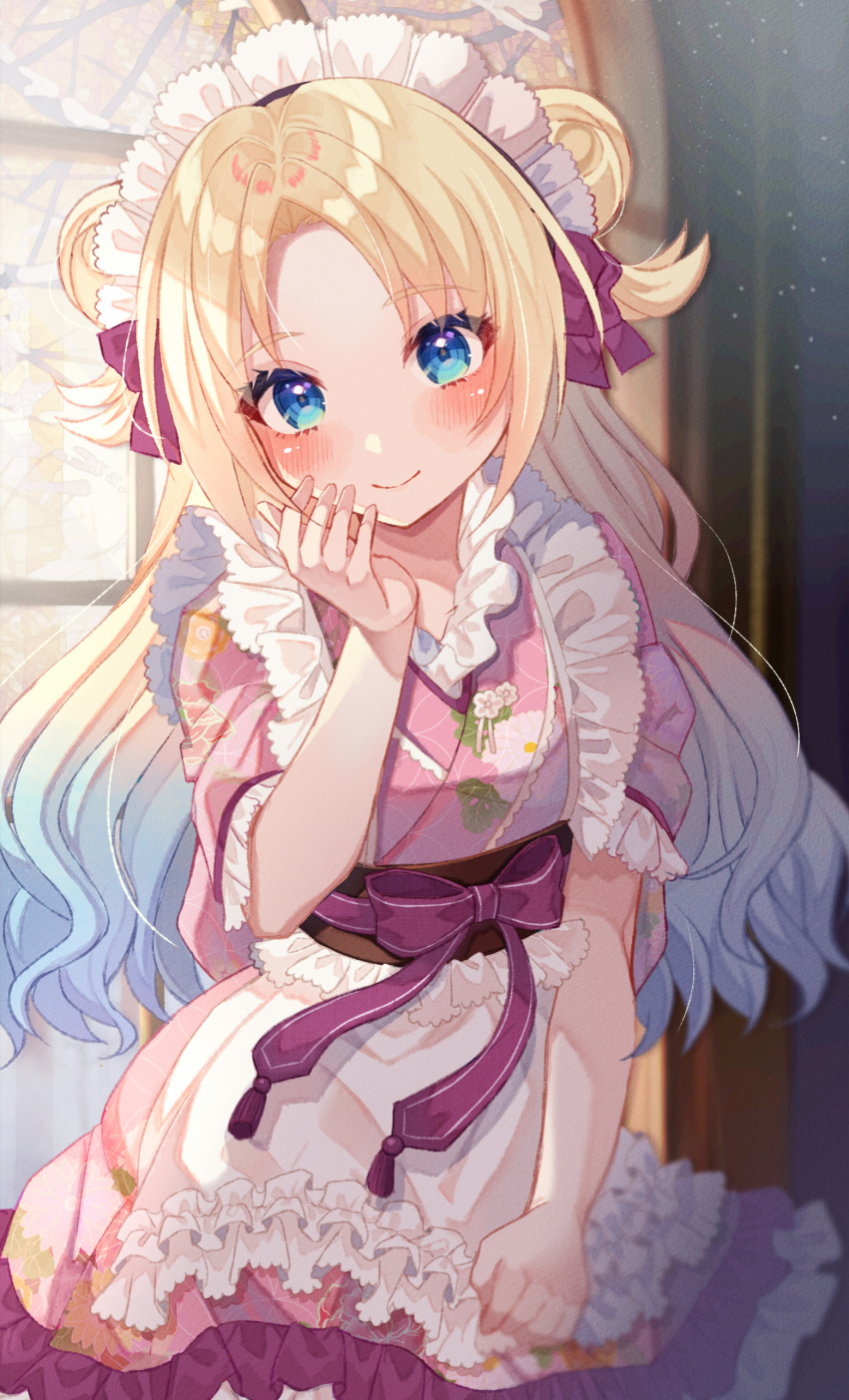 1girl, absurdres, apron, blonde_hair, blue_eyes, blue_hair, blurry, blurry_background