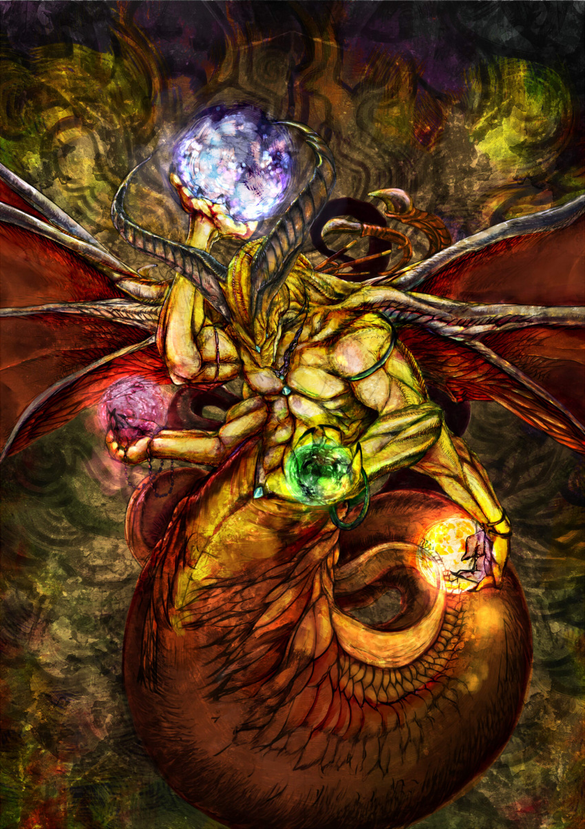 extra_arms, highres, horns, jewelry, lamia, monster, necklace, original, virus_(obsession), virus_(pixiv), wings