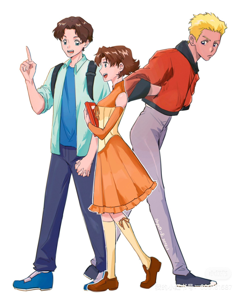 1girl, 2boys, backpack, bag, bare_shoulders, blonde_hair, bob_cut, book