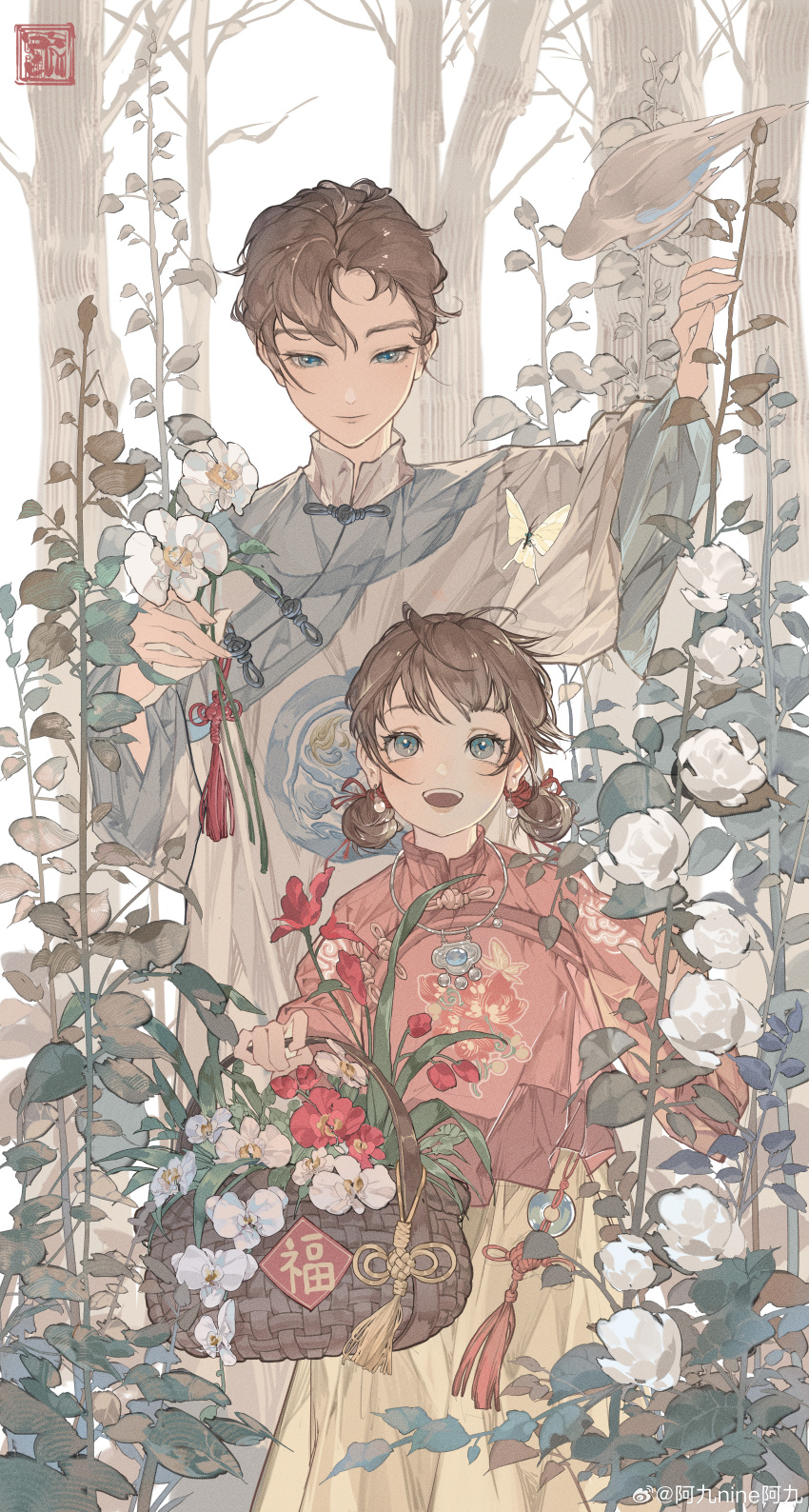 1boy, 1girl, :d, absurdres, age_difference, ajiu_nine_ajiu, artist_logo, bad_link