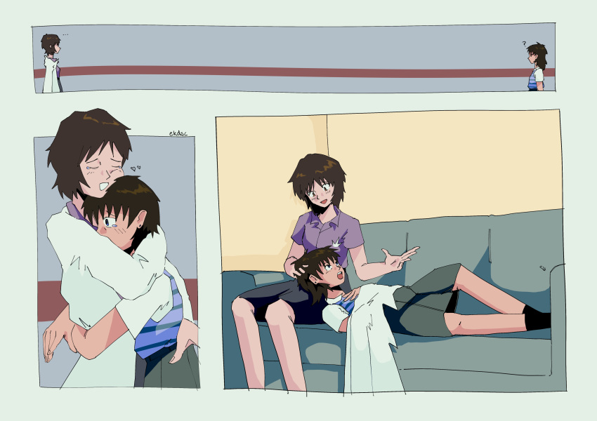 ..., 2girls, ?, absurdres, black_socks, brown_hair, closed_eyes, collar
