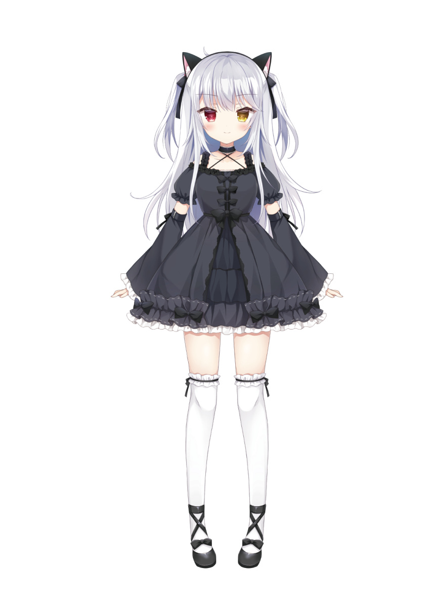 1girl, animal_ear_fluff, animal_ears, black_bow, black_choker, black_dress, black_footwear, black_ribbon