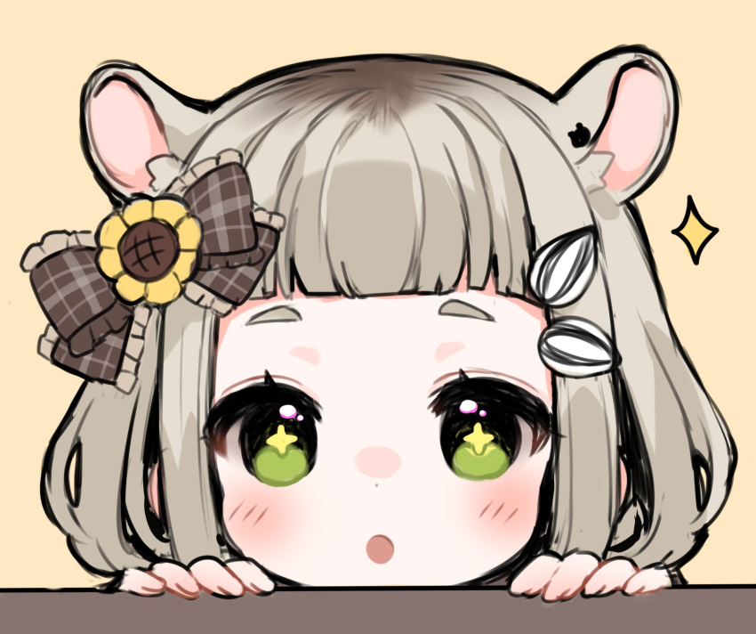 1girl, :o, animal_ears, blush, bow, brown_bow, brown_hair, dot_nose