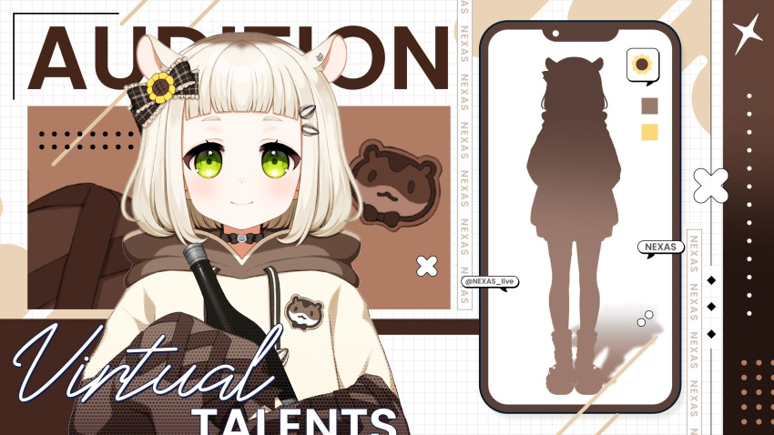 1girl, animal_ears, blush, bow, brown_bow, brown_choker, brown_hoodie, cellphone