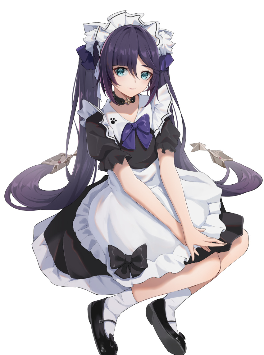 1girl, absurdres, apron, black_dress, black_footwear, black_socks, closed_mouth, dress