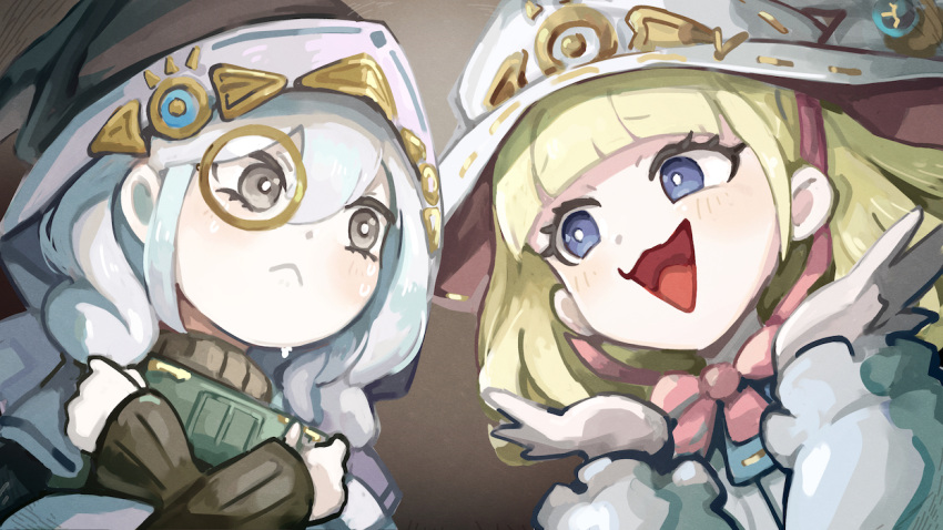 2girls, asteria_of_the_white_woods, black_hat, black_sweater, blonde_hair, blue_eyes, blunt_bangs, blush