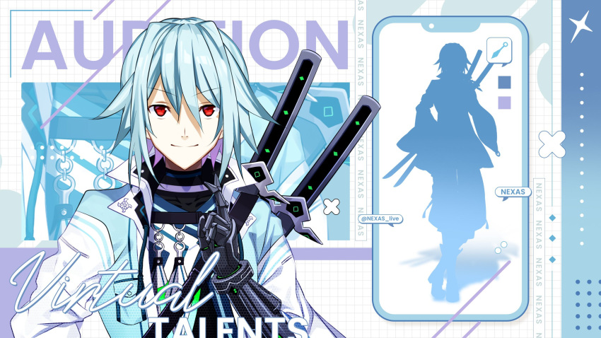 1boy, black_gloves, blue_hair, cellphone, closed_mouth, commentary, copyright_name, english_commentary