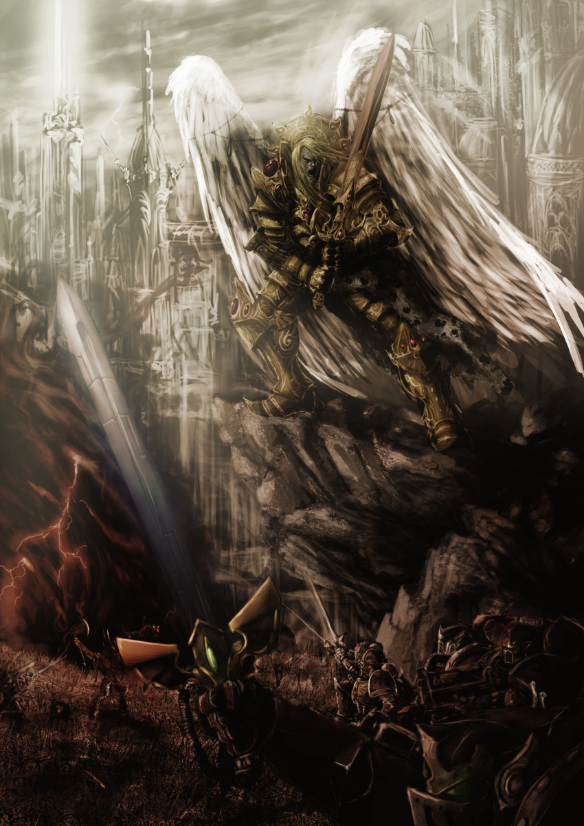 absurdres, adeptus_astartes, armor, axe, blade_encarmine, blood_angels, bolter, castle, chaos_(warhammer), cliff, eyes_of_horus_(warhammer_40k), gladius_incandor, halo_effect, highres, leopard_pelt, multiple_boys, ornate_armor, pelt, primarch, red_lightning, regalia_resplendent, sanguinius, slaine69, snow_leopard_pelt, sword, teardrop-shaped_gem, warhammer_40k, weapon