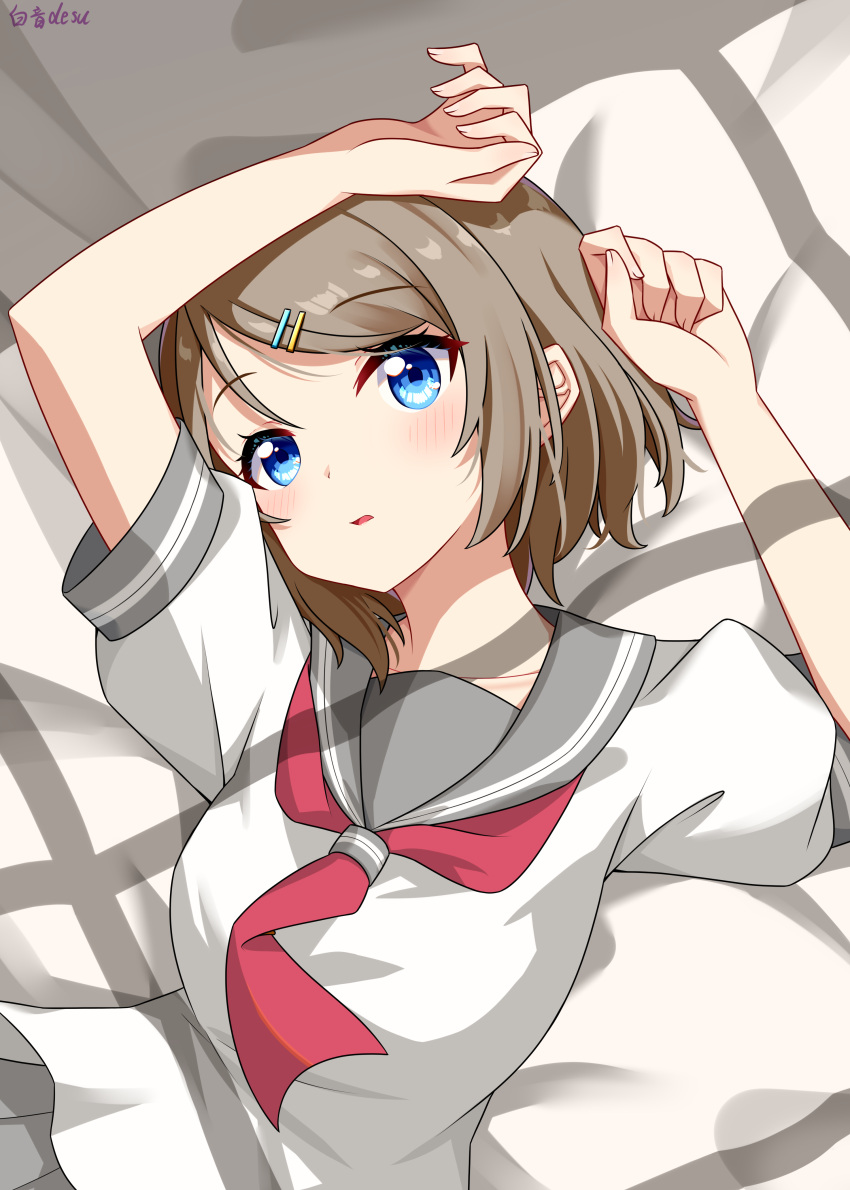 1girl, absurdres, arm_up, baiyin_(sif123456), bed, bed_sheet, blue_eyes, blush