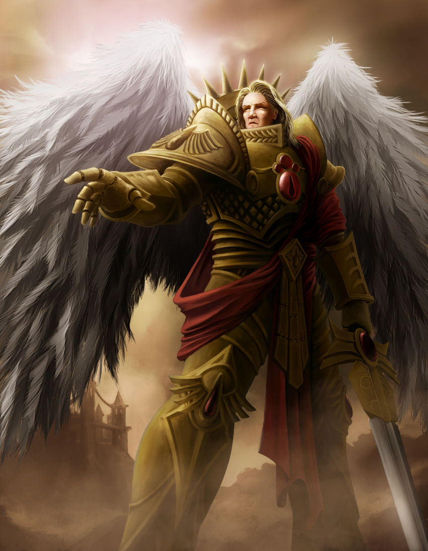 angel_wings, armor, blade_encarmine, blonde_hair, blood_angels, celeng, eyes_of_horus_(warhammer_40k), fortress