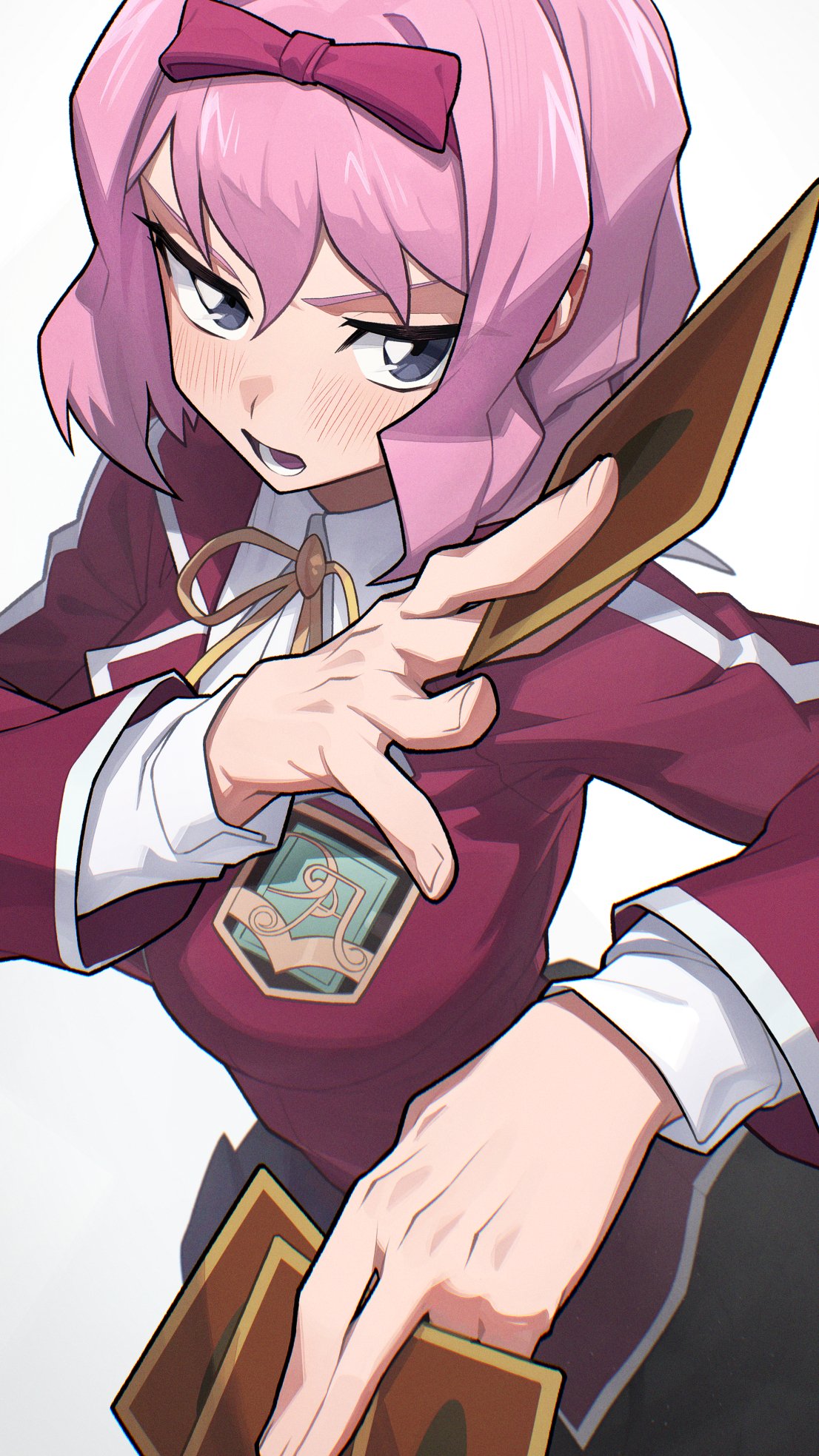 1girl, blush, breasts, card, commentary_request, commission, grey_eyes, hata4564