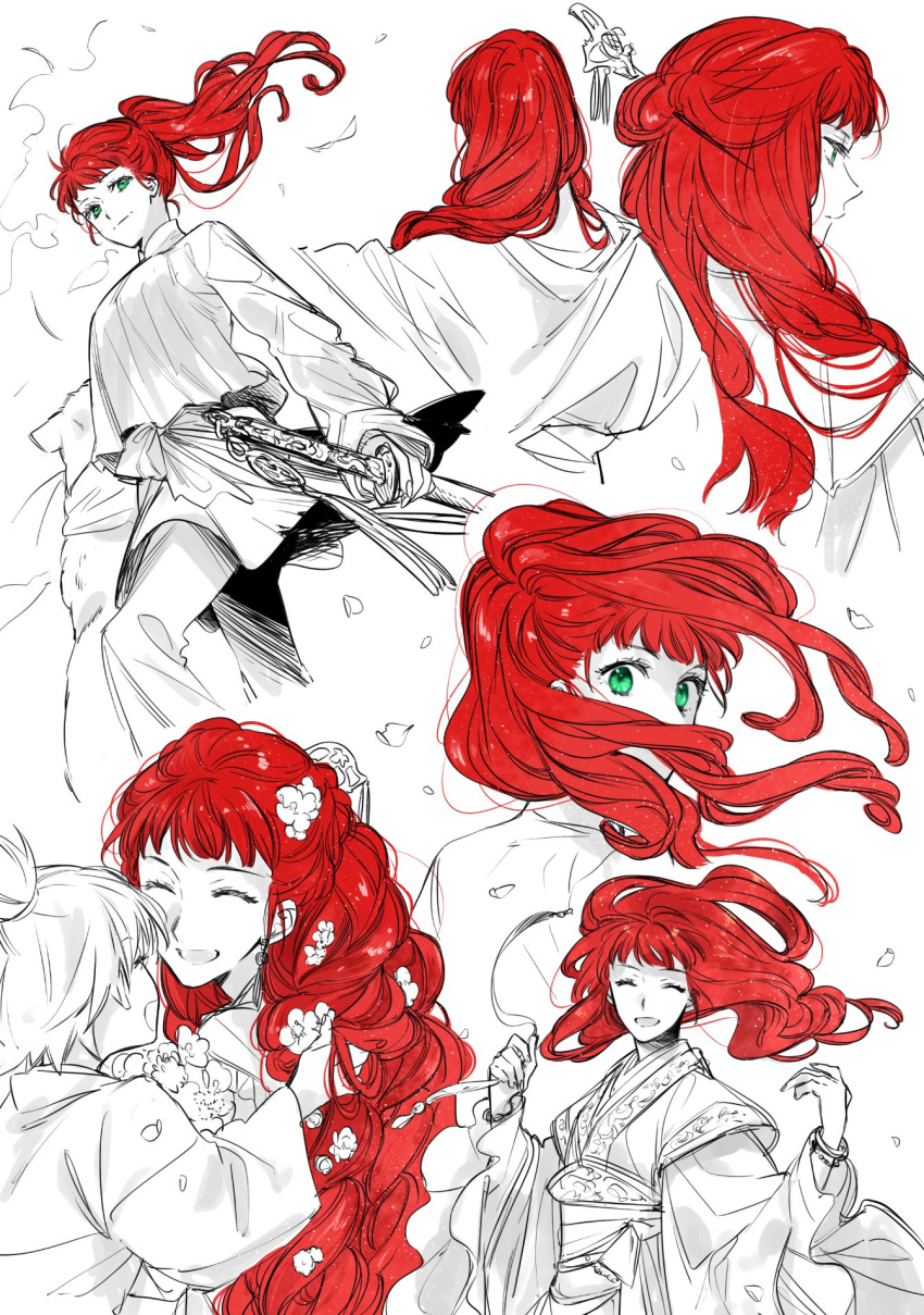 1girl, ^_^, blunt_bangs, child, closed_eyes, commentary_request, earrings, falling_petals