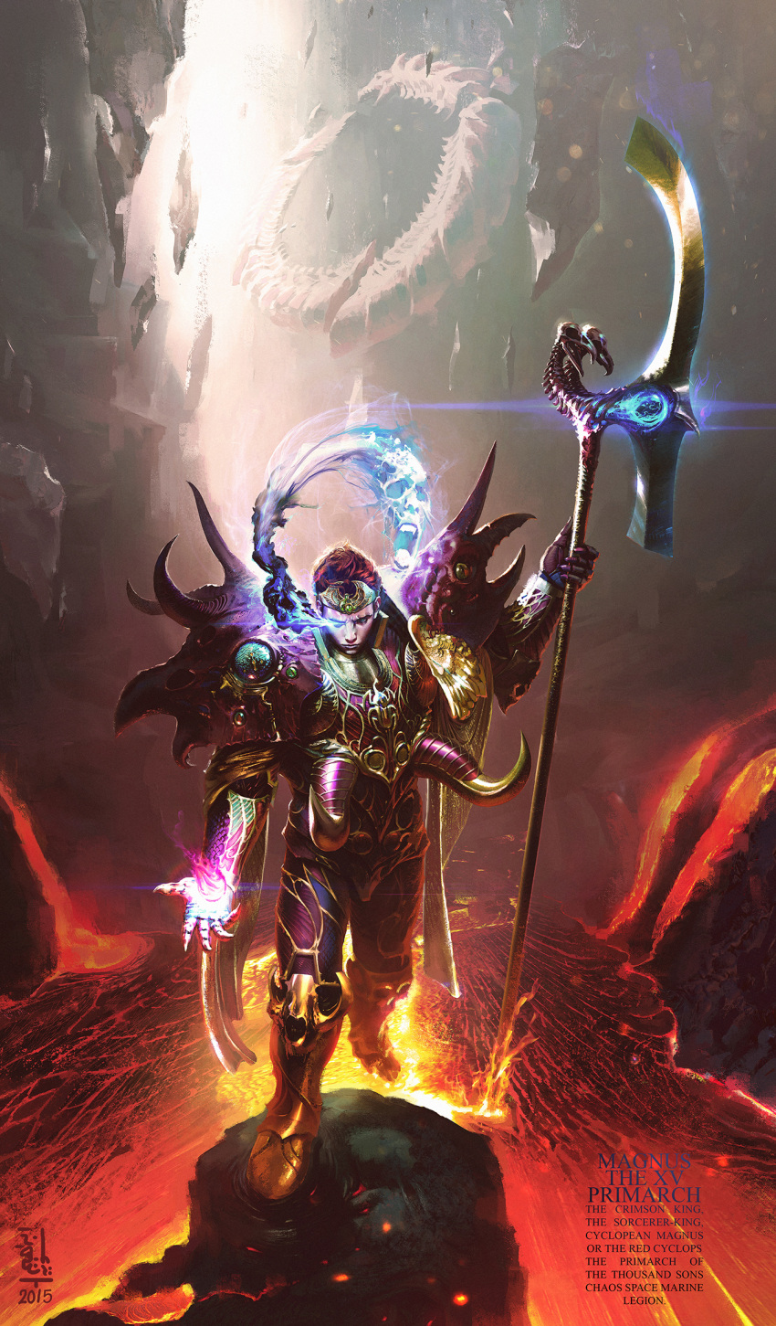 1boy, armor, blade_of_ahn_nunurta, blade_of_magnus, emperor's_children, gold, gold_jewelry, highres, horned_armor, ibrahem_swaid, lava, magnus_the_red, one-eyed, ornate, ornate_armor, primarch, the_crown_of_the_crimson_king, thousand_sons, warhammer_40k