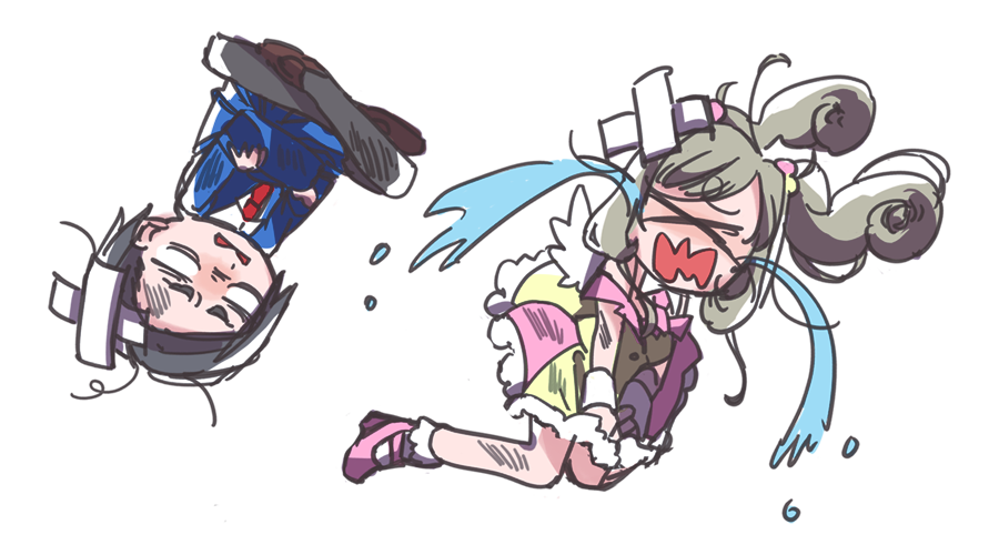 >_<, 2girls, bags_under_eyes, bandaid, bandaid_on_head, black_pantyhose, blank_eyes, blown_away