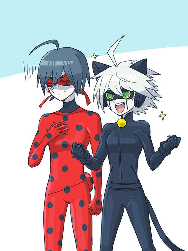2boys, ahoge, alternate_eye_color, animal_ears, bell, black_bodysuit, black_gloves, black_hair, black_headphones, black_mask, blue_background, blush, bodysuit, cat_ears, cat_tail, chat_noir, chat_noir_(cosplay), clenched_hand, clenched_hands, closed_eyes, closed_mouth, colored_sclera, cosplay, cowboy_shot, danganronpa_(series), danganronpa_v3:_killing_harmony, excited, eye_mask, fake_animal_ears, fake_claws, fake_tail, gloves, gohan_(8823cobalt), green_eyes, hair_between_eyes, k1-b0, ladybug_(character), ladybug_(character)_(cosplay), light_frown, looking_ahead, male_focus, miraculous_ladybug, multiple_boys, neck_bell, open_mouth, polka_dot_bodysuit, polka_dot_mask, red_bodysuit, red_mask, saihara_shuichi, short_hair, simple_background, smile, sparkle, squiggle, superhero_costume, sweatdrop, tail, teeth, turtleneck, turtleneck_bodysuit, two-tone_background, upper_teeth_only, v-shaped_eyebrows, white_background, white_hair, yellow_sclera