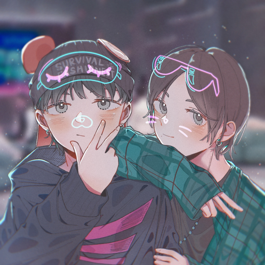 2boys, animal_ear_headwear, animal_ears, aqua_jacket, arm_on_another's_shoulder, beanie, black_hat, black_hoodie, blurry, blurry_background, brown_hair, closed_mouth, dog_ears, drawn_eyewear, drawn_nose, drawn_whiskers, earrings, eyelashes, eyewear_on_head, fake_animal_ears, fingernails, grey_eyes, hand_on_another's_arm, hand_on_own_cheek, hand_on_own_face, hat, highres, hood, hood_down, hoodie, hoop_earrings, indoors, jacket, jason_(jboy3), jboy3, jc-t_(jboy3), jewelry, light_blush, light_frown, light_particles, long_sleeves, looking_at_viewer, male_focus, mole, mole_under_mouth, multiple_boys, parted_bangs, plaid_clothes, plaid_jacket, real_life, short_hair, sleeves_past_wrists, smile, snout, sunglasses, taketorikyouko, upper_body, v