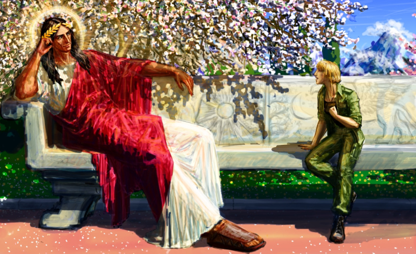 1boy, 1girl, bench, black_hair, blonde_hair, cherry_blossoms, emperor_of_mankind, euphrati_keeler, greco-roman_clothes, griffon, halo, laurel_crown, laurels, looking_at_another, lynxc, military_uniform, mountain, robe, sandals, sitting, sun_symbol, tree, tree_shade, uniform, warhammer_40k