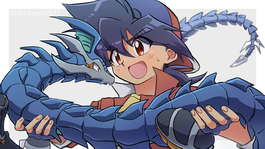 1boy, backwards_hat, bakuten_shoot_beyblade, baseball_cap, beyblade, blue_gloves, blue_hair, blue_skin