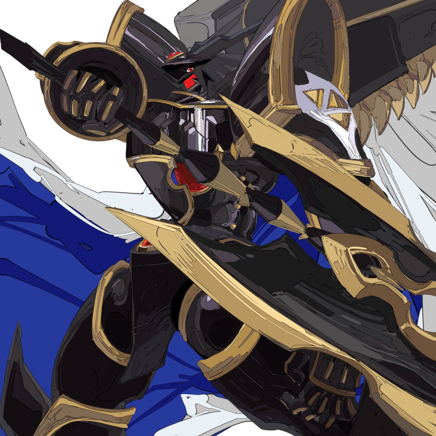 alphamon, alphamon_ouryuuken, armor, black_armor, cape, cowboy_shot, dawu233, digimon, digimon_(creature), forehead_jewel, halberd, highres, holding, holding_polearm, holding_weapon, looking_at_viewer, polearm, red_eyes, shoulder_armor, solo, weapon, white_cape