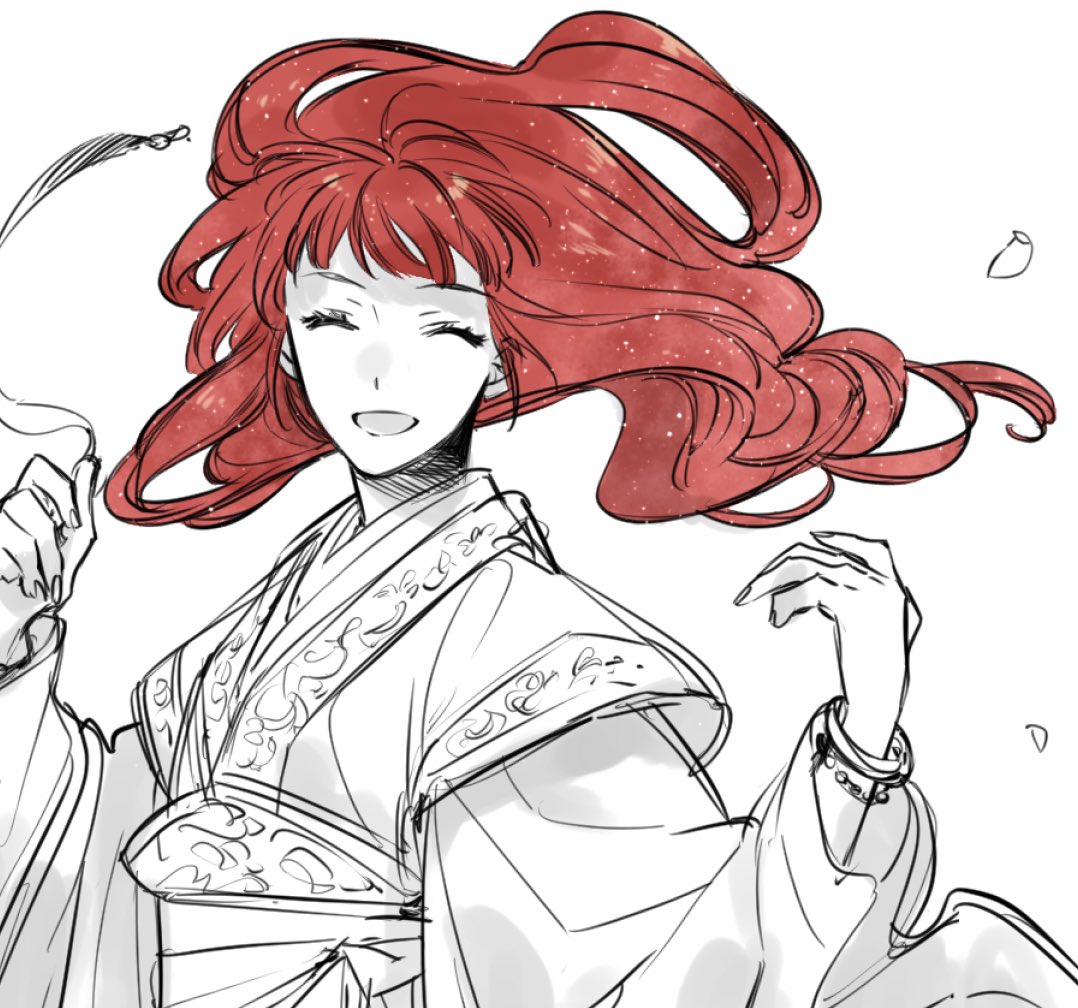 1girl, ^_^, blunt_bangs, bracelet, closed_eyes, falling_petals, floating_hair, jewelry