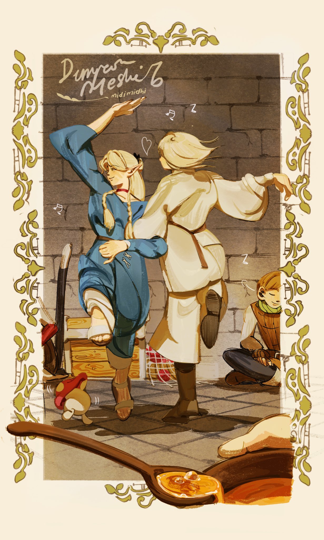 1boy, 3girls, blonde_hair, blue_robe, cat_girl, cat_tail, chilchuck_tims, dancing