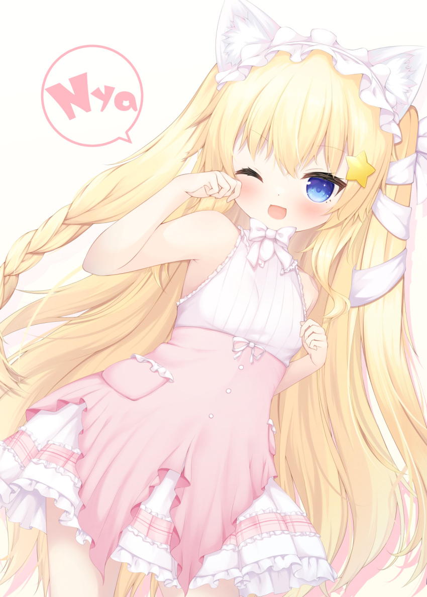1girl, animal_ear_fluff, animal_ears, arm_up, blonde_hair, blue_eyes, blush, braid, cat_ears, cat_girl, dress, fake_animal_ears, hair_ornament, highres, imyme12, long_hair, maid_headdress, one_eye_closed, open_mouth, original, paw_pose, pink_dress, ribbon, sleeveless, sleeveless_dress, smile, solo, star_(symbol), star_hair_ornament, two-tone_dress, very_long_hair, white_dress