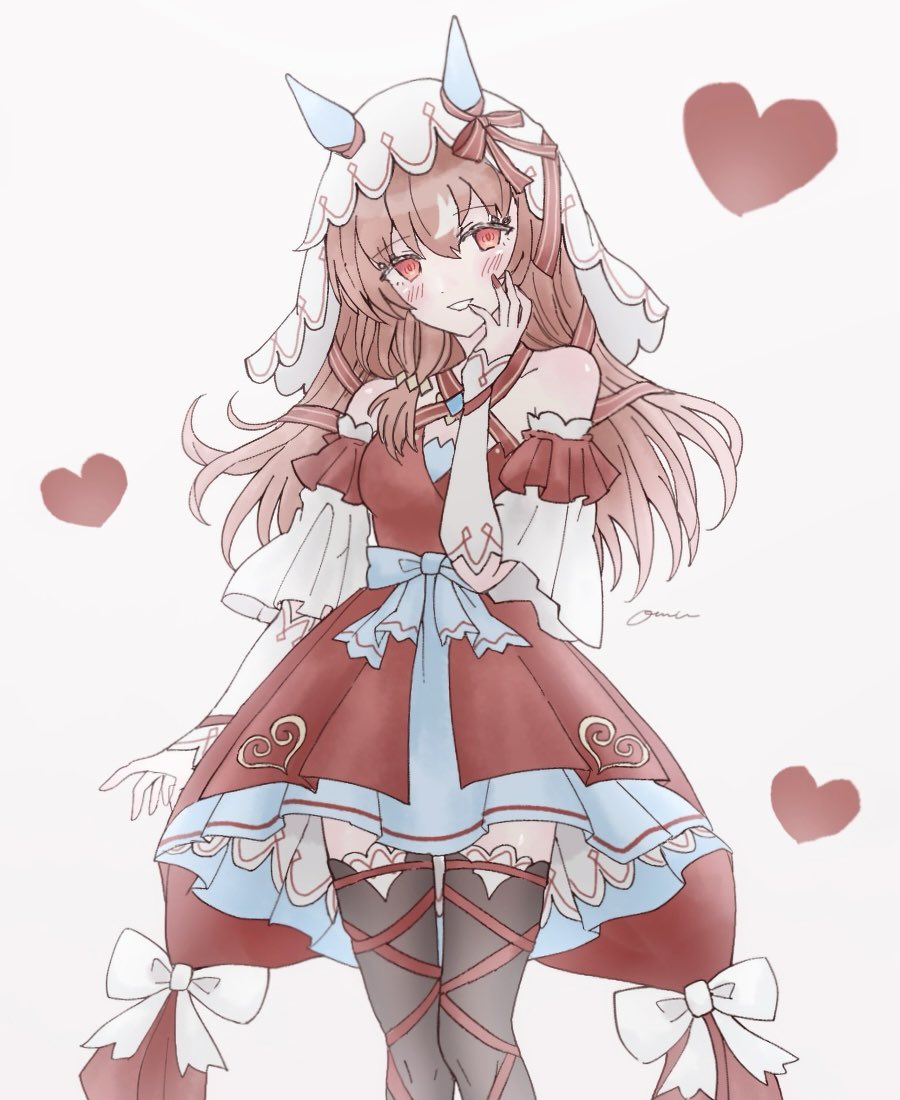 1girl, animal_ears, blush, breasts, brown_hair, collarbone, commentary_request, detached_sleeves, ear_covers, ear_ornament, fingernails, hair_between_eyes, hair_ornament, heart, horse_ears, looking_at_viewer, o_(_oomua), red_eyes, ribbon, simple_background, small_breasts, solo, still_in_love_(umamusume), thigh-highs, umamusume, veil, white_background