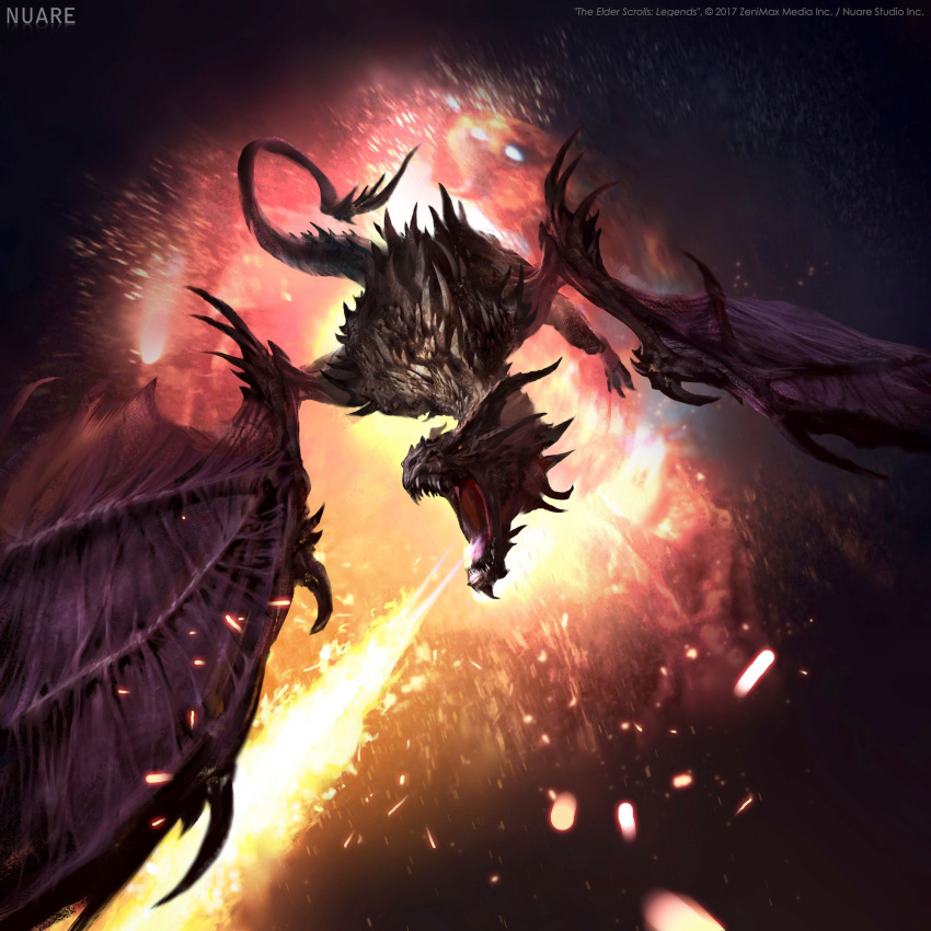 alduin, animal_focus, breath_weapon, breathing_fire, company_name, concept_art, dragon, embers