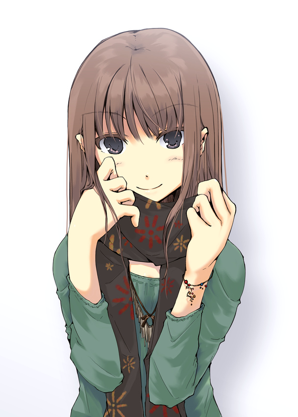 black_eyes, brown_hair, long_hair, original, scarf, smile, solo, tamaki_fuyu