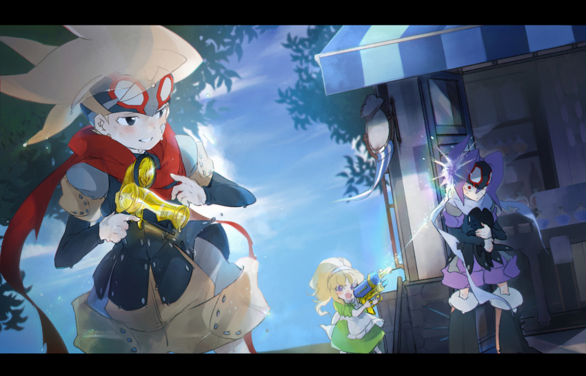 1girl, 2boys, blonde_hair, bokura_no_taiyou, brothers, brown_footwear, character_request, django_(boktai)