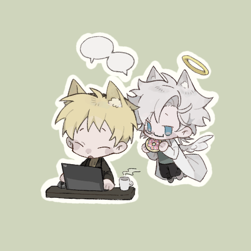 2boys, animal_ear_fluff, animal_ears, atou_haruki, black_jacket, black_pants, blank_speech_bubble, blonde_hair