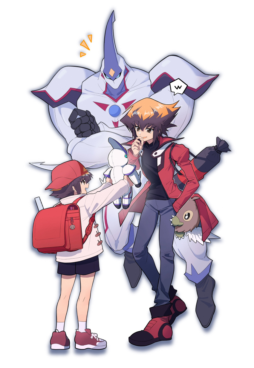 3boys, absurdres, aged_down, backpack, backwards_hat, bag, baseball_cap, black_footwear