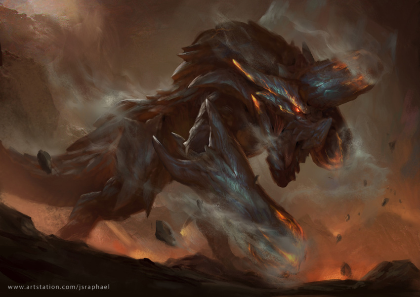 animal_focus, artstation_username, brachydios, carapace, commentary, debris, english_commentary, glowing, glowing_eye, horns, joshua_raphael, monster, monster_hunter:_world, monster_hunter_(series), monster_hunter_world:_iceborne, no_humans, open_mouth, raging_brachydios, realistic, red_eyes, smoke, solo, tail, web_address