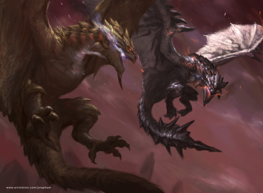 animal_focus, artstation_username, black_scales, claws, commentary, dragon, english_commentary, flying
