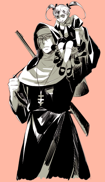 bingo_(habanera), carrying, child, cross, crossdressinging, crossed_legs, dress, gun