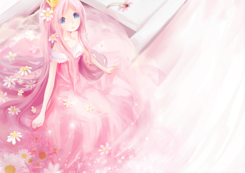 arm_support, bare_shoulders, blue_eyes, crown, dress, flower, from_above, issign