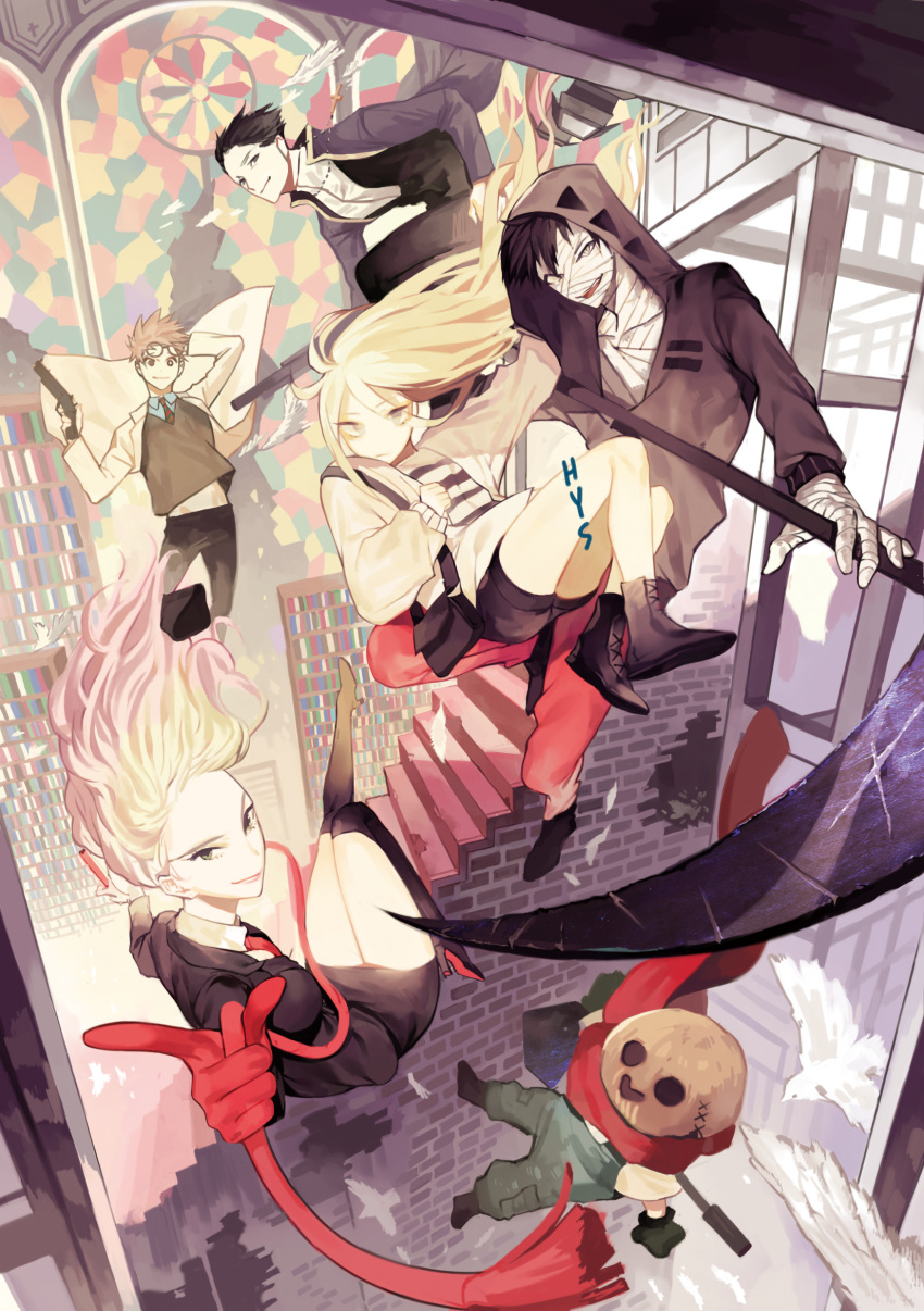 2girls, 4boys, abraham_gray_(satsuriku_no_tenshi), absurdres, bag, bandage_on_face, bandages, bird, black_footwear, black_hair, black_shorts, blonde_hair, blue_eyes, bookshelf, cathy_(satsuriku_no_tenshi), collared_shirt, danny_(satsuriku_no_tenshi), dove, eddie_(satsuriku_no_tenshi), gun, hair_between_eyes, handgun, hayanse, highres, hood, isaac_foster, jacket, long_hair, long_sleeves, mask, multiple_boys, multiple_girls, necktie, open_clothes, open_jacket, pants, rachel_gardner, red_necktie, satsuriku_no_tenshi, scythe, shirt, shorts, shoulder_bag, stairs, striped_clothes, weapon, white_jacket