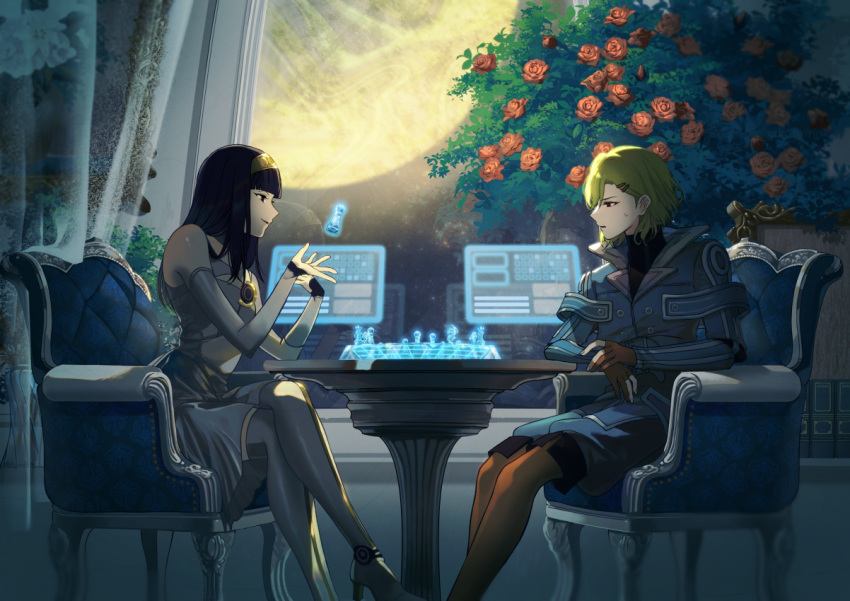 1girl, 1other, antenna_hair, aqua_coat, black_hair, blonde_hair, blunt_bangs, coat