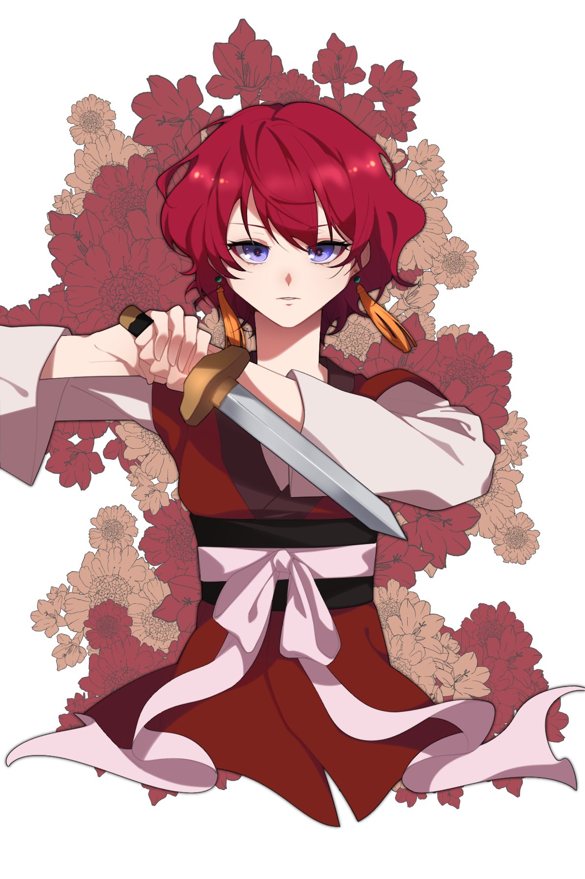 1girl, akatsuki_no_yona, blue_eyes, commentary_request, deulle_m, dress, flower, hair_between_eyes