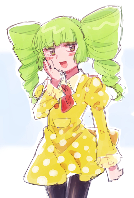 1girl, blush_stickers, bow, chiimako, dress, drill_hair, green_hair, long_hair, mimi_(paper_mario), open_mouth, pantyhose, paper_mario, personification, polka_dot, polka_dot_dress, smile, solo, super_mario_bros., super_paper_mario, twintails, yellow_dress